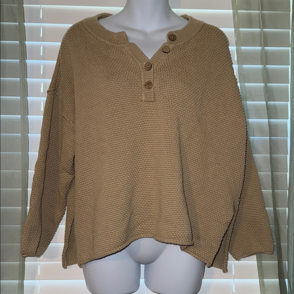Mod Ref Tan Crewneck Sweater 100% cotton front buttons large